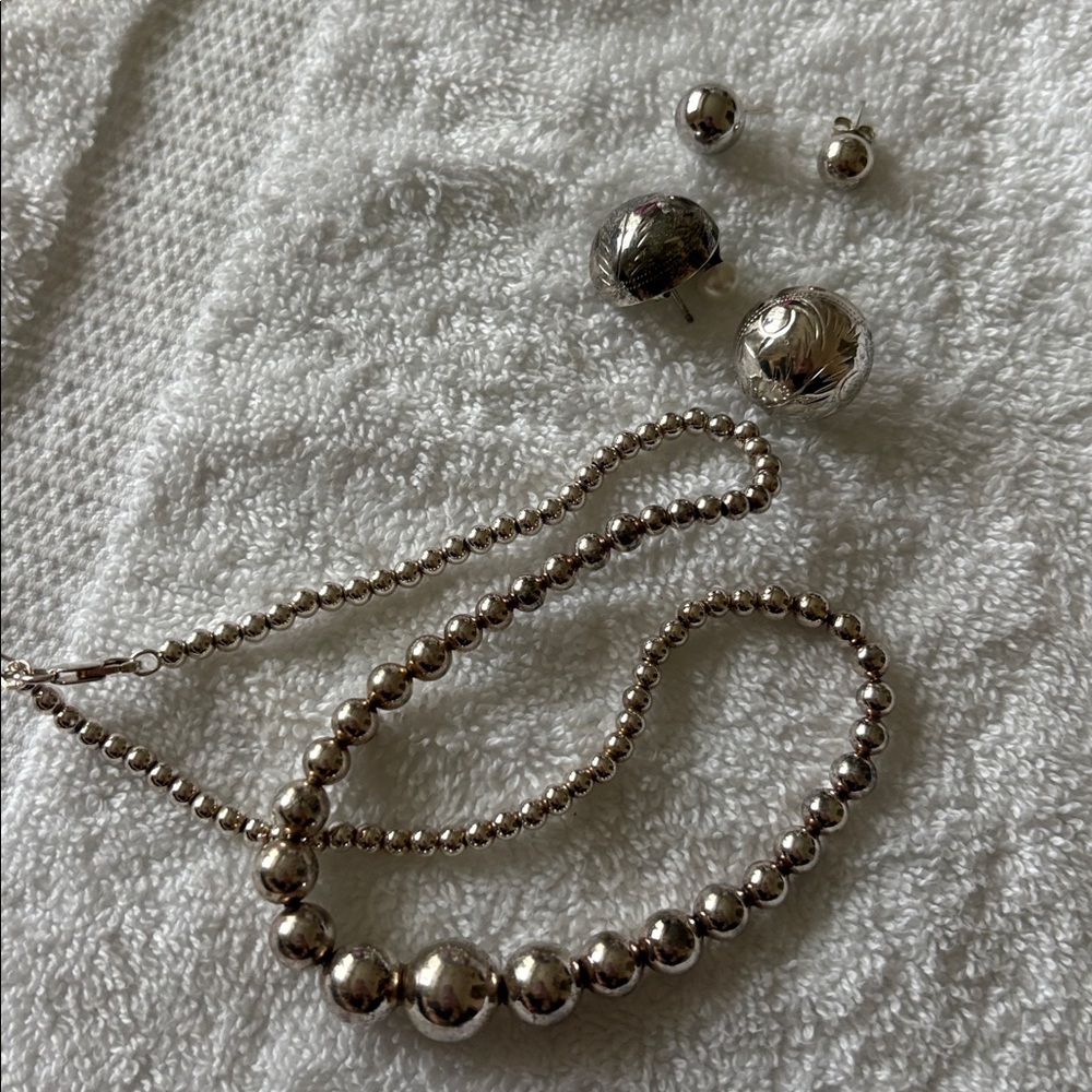 sterling silver 925 Graduated Beads necklace set vintage